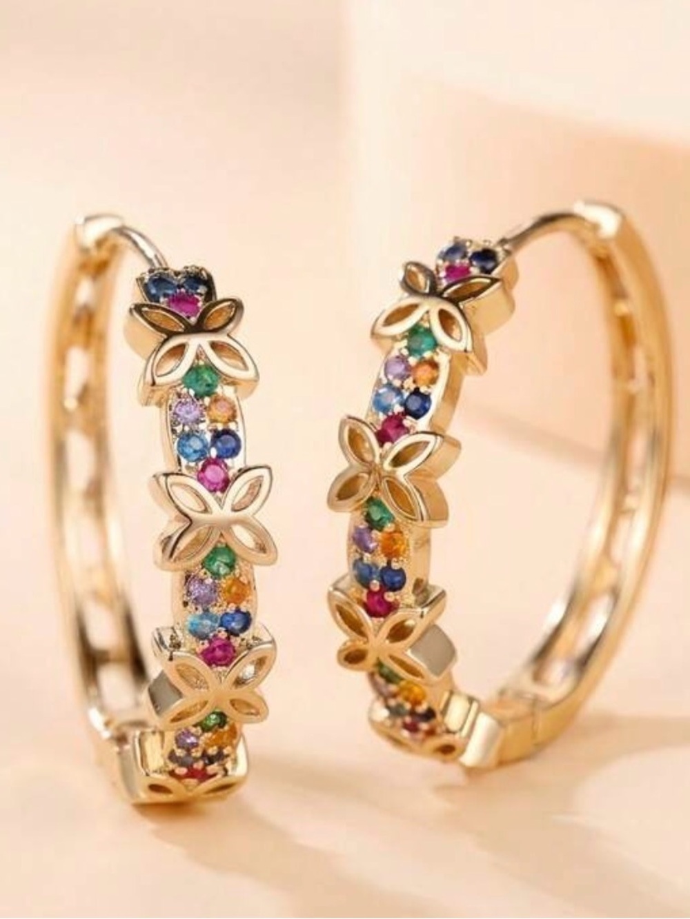 Gold Plated Floral Multi-Color Hoop zirconia Earrings - Women's Jewelry